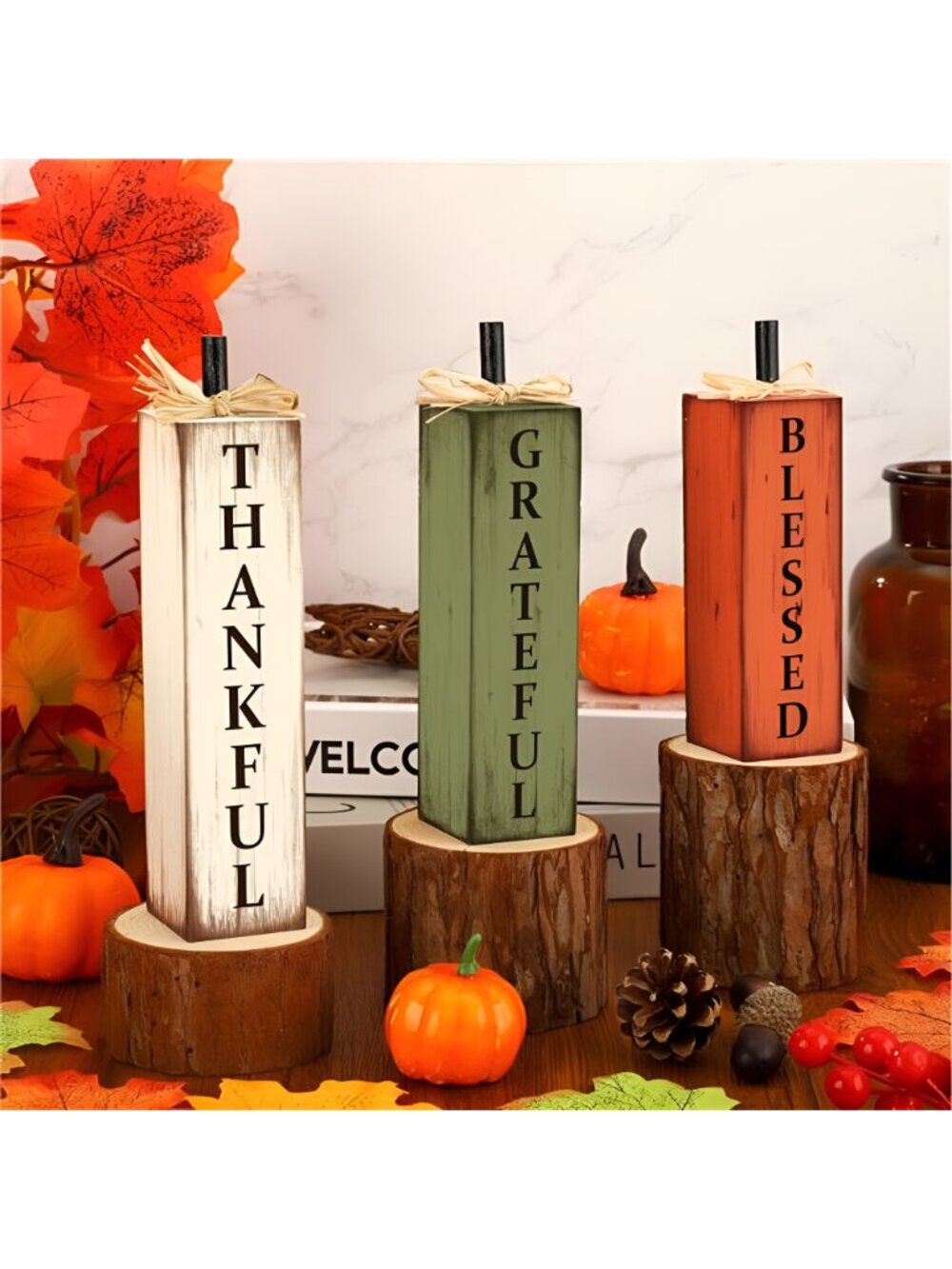 Thankful Blessed Grateful Tabletop Signs Thanksgiving Wooden Block Signs - Picture 5 of 8